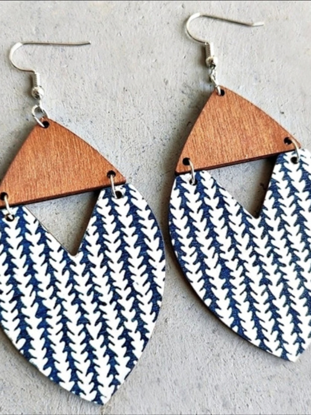 Blue & White Geometric Drop Earrings Boho Wood Earrings - Blue and White Vine